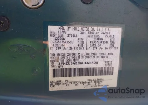 1998 Ford Explorer Eddie Bauer/Limited/Xl/Xlt из США, поврежденный, VIN 1FMZU34E0WUA60828